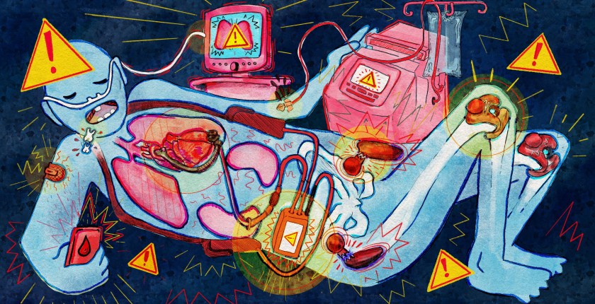 A colorful, digital illustration in pencil and watercolor shows a cartoon figure hooked up to an array of medical devices. The figure has a device in their mouth, which has caused two teeth to fall out; a glucose monitor on their arm is connected to a cellphone; a ventilator is connected to their lungs; a device is connected to their heart from the inside with battery packs on the outside; a hemodialysis machine causes blood to spurt from a vein unnoticed; and hip and knee implants are broken. Error symbols (a yellow triangle with a red exclamation point at its center) float in the background and around some of the devices.