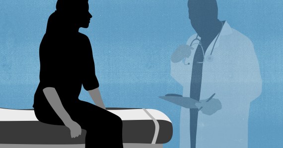 An illustration shows a woman's silhoutte on an exam table. The silhoutte of her doctor is standing across from her, but is faded into the background.
